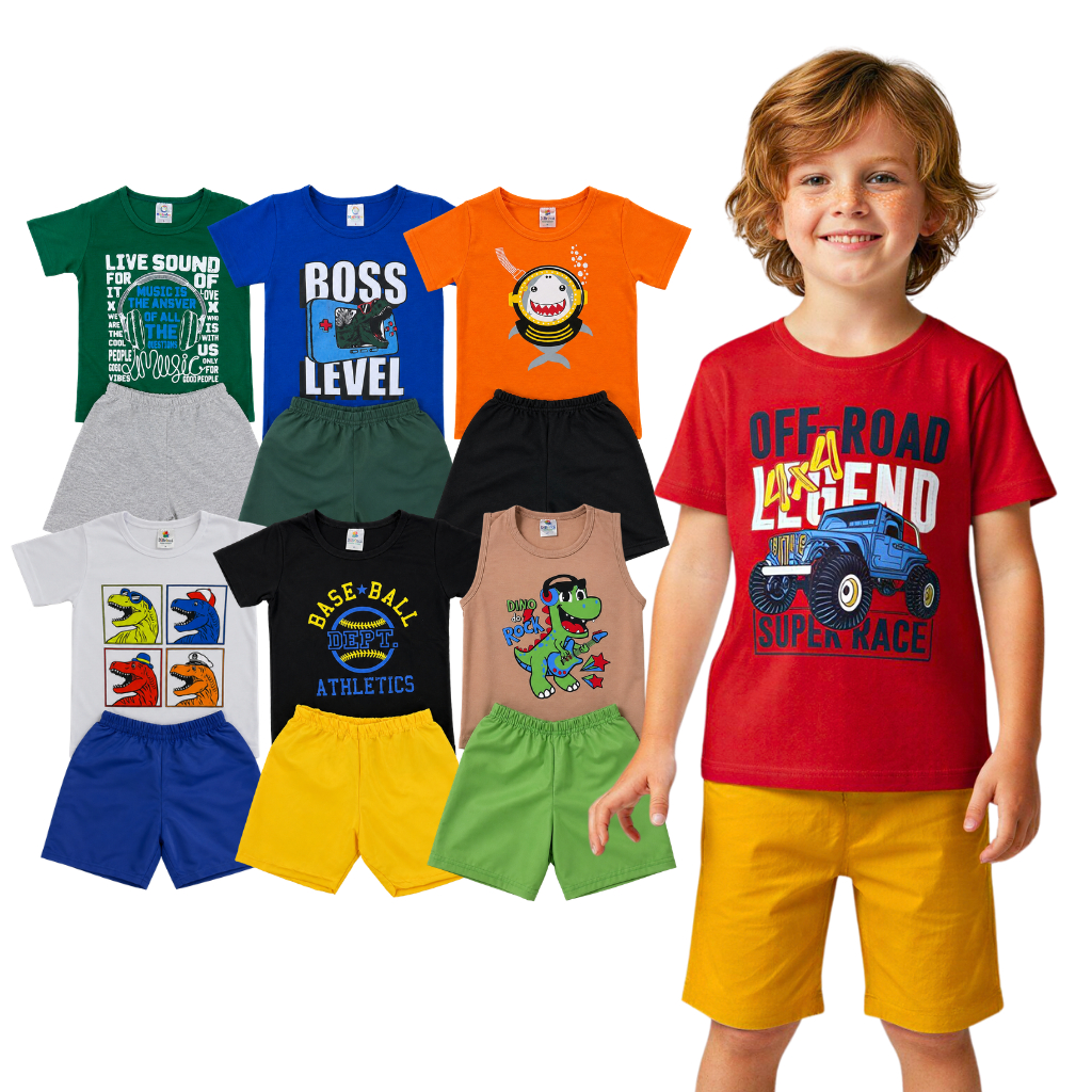 Kit 6 Peças Roupa Infantil Menino Verão Estampado Sortido 3 Conjunto Camiseta + Shorts Bebê