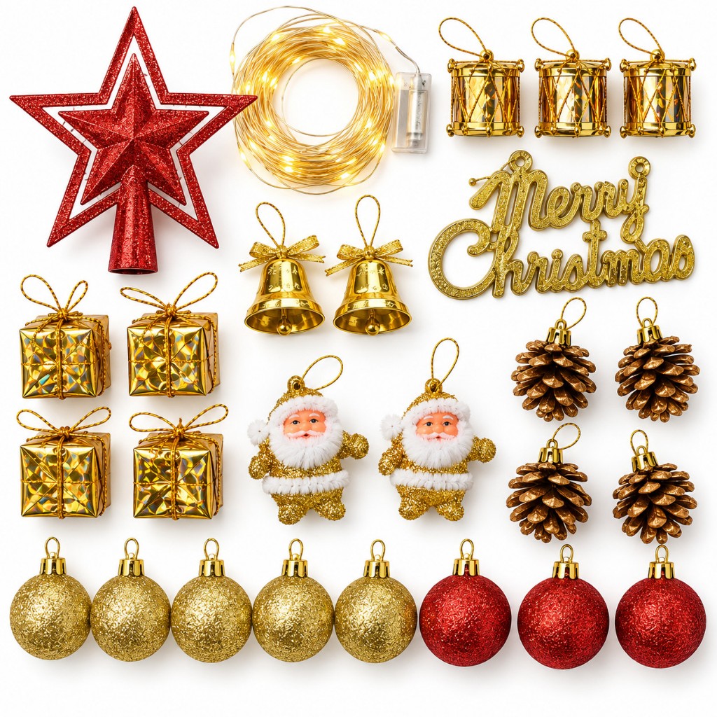 Kit 27 Enfeites Pendentes de Natal bolas Laço Ponteira pisca fio de fada led completo Árvore Natalina