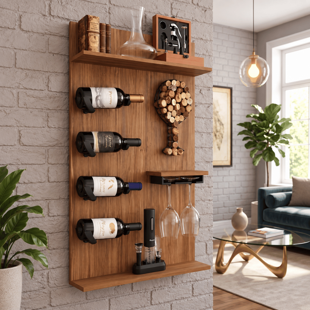 Cantinho do Vinho Amadeirado de Parede Painel 60x90 + 4 Suportes Garrafa + Suporte Taças + Porta Rolhas Decorativa