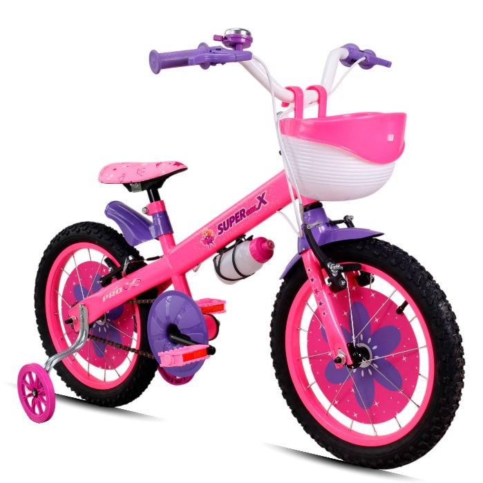 Bicicleta Aro 16 Infantil Menina Pro-X Super Girl X com Rodinha de Treino e Cestinha Pneu 2.1