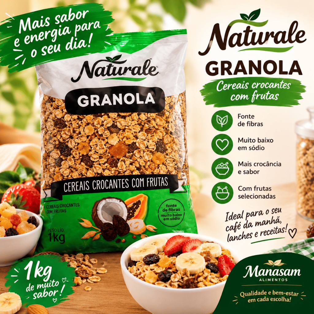 Granola Naturale 1kg Cereais Crocantes com Frutas Fonte de Fibras