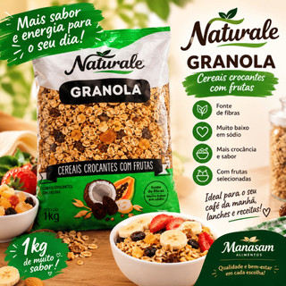 Granola Naturale 1kg Cereais Crocantes com Frutas Fonte de Fibras