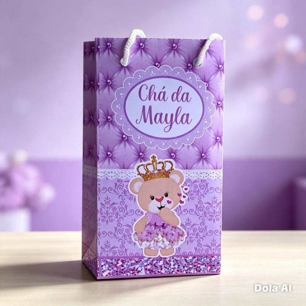 Sacolinhas Surpresas P Ursinha Princesa Lilás Personalizada com nome Festa Infantil Chá Aniversário Lembrancinhas