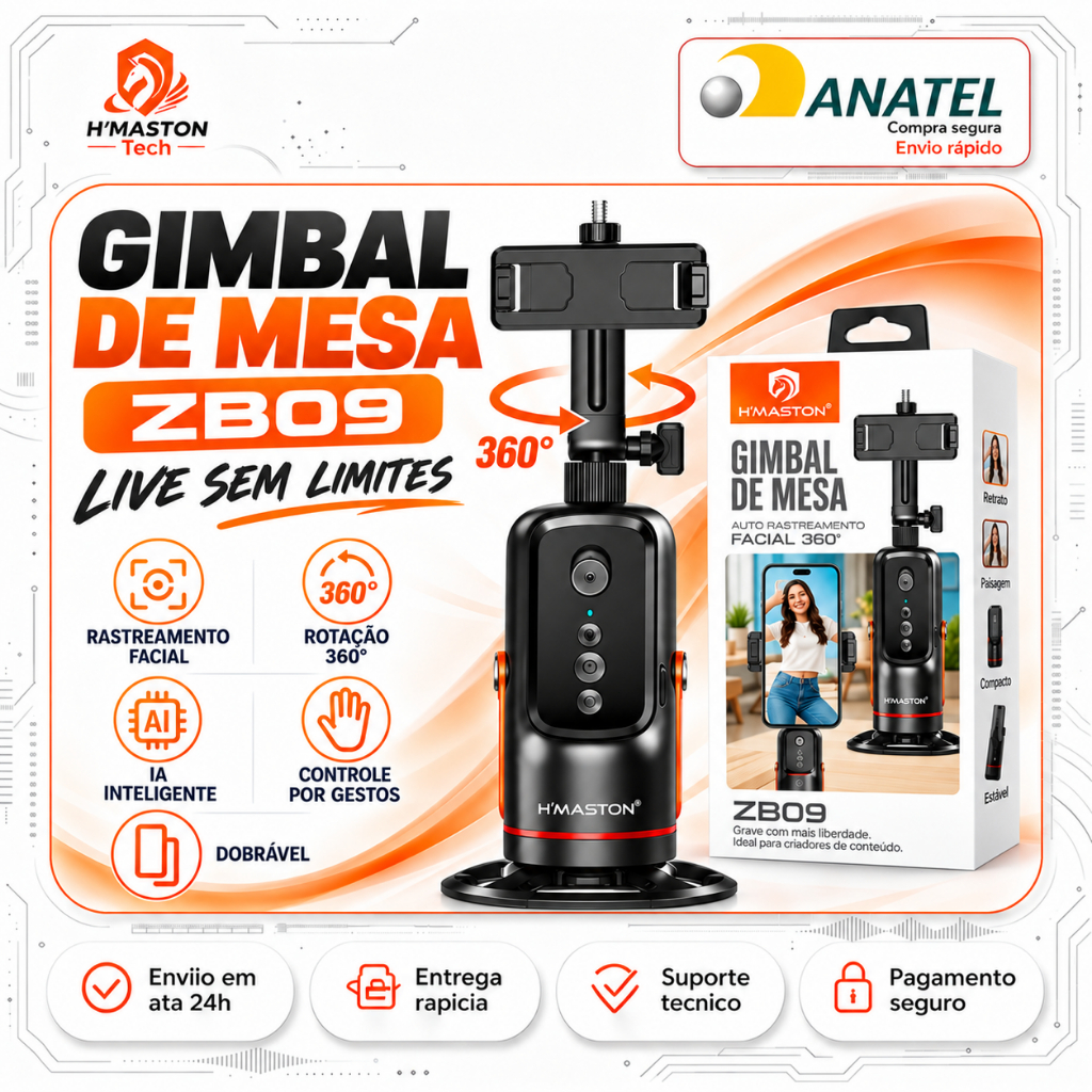 H'maston ZB09 360° Gimbal Estabilizador Celular Suporte Para Celular Gravação Estabilizador De Celular Pau De Selfie