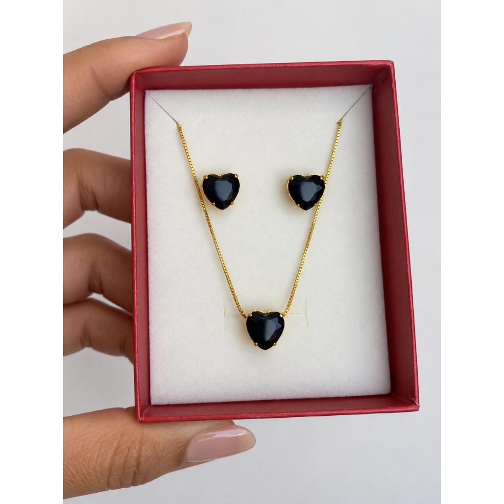 Conjunto Colar e Brinco Coração em Zircônia Folheado a Ouro 18k Delicado e Elegante