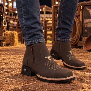 Bota Texana Masculina Country Botina Bico Quadrado Couro Sola Jump Delegado Zíper Calce Fácil