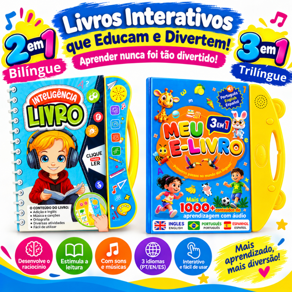 Livro Interativo com Som Infantil Bilíngue / trilíngue Inteligente Alfabetização Português Inglês Multi Temas
