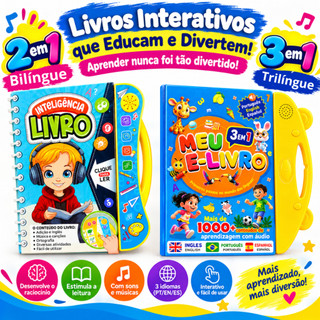 Livro Interativo com Som Infantil Bilíngue / trilíngue Inteligente Alfabetização Português Inglês Multi Temas