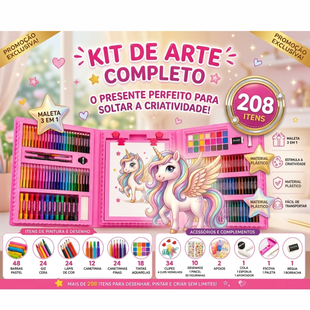 Estojo de Pintura Infantil com 208 Peças - Maleta de Pintura