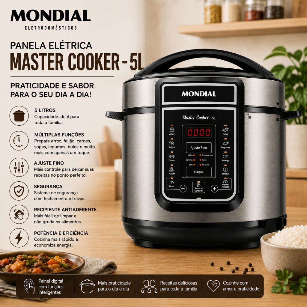 Panela de Pressão Elétrica Digital 5L Mondial Preto/Inox 900W - PE-38