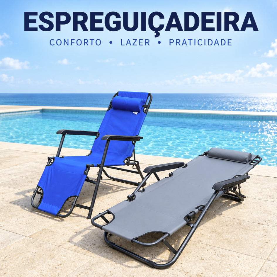 Cadeira Espreguiçadeira com Apoio de Cabeça Dobrável 150kg Portátil para Piscina