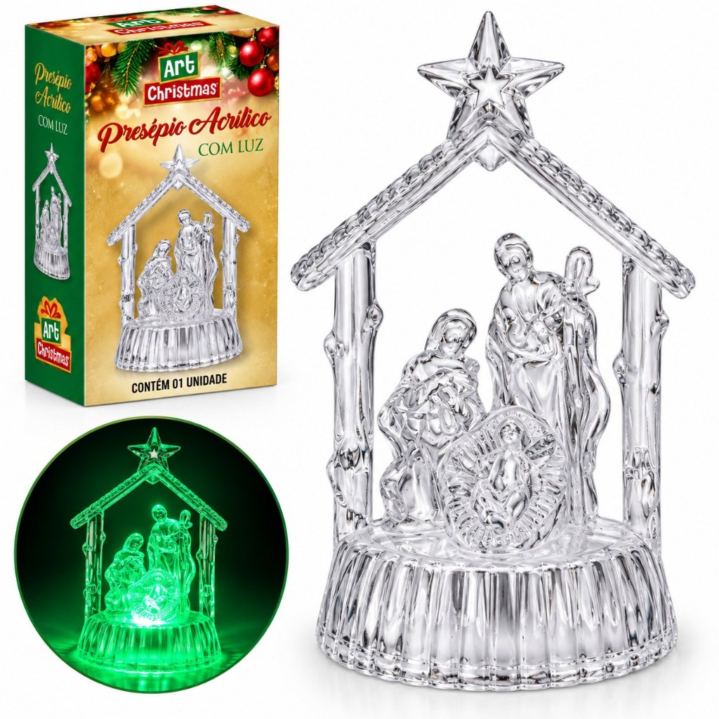 Presépio Natalino Acrilico com luz Led Natal decorativo Sagrada Família