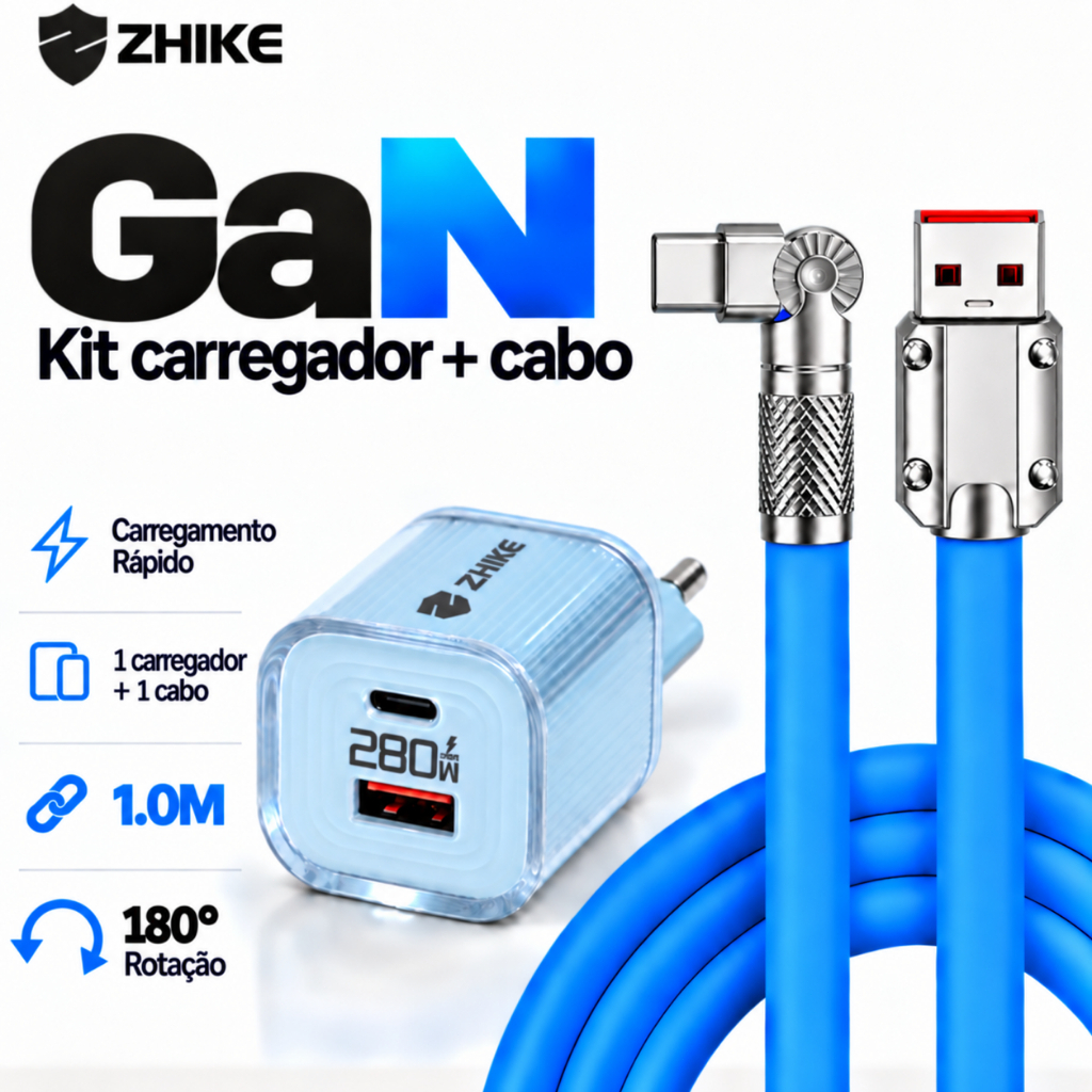 Kit Cabo Carregador Carregamento Rápido ZHIKE Adaptador GaN USB Tipo C 1M Rotação de 180° Dados