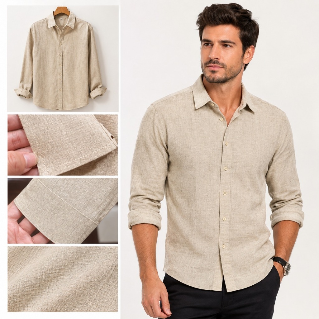 Camisa Masculina de Algodão e Bambu Camisa Masculina de Manga Comprida Efeito Linho