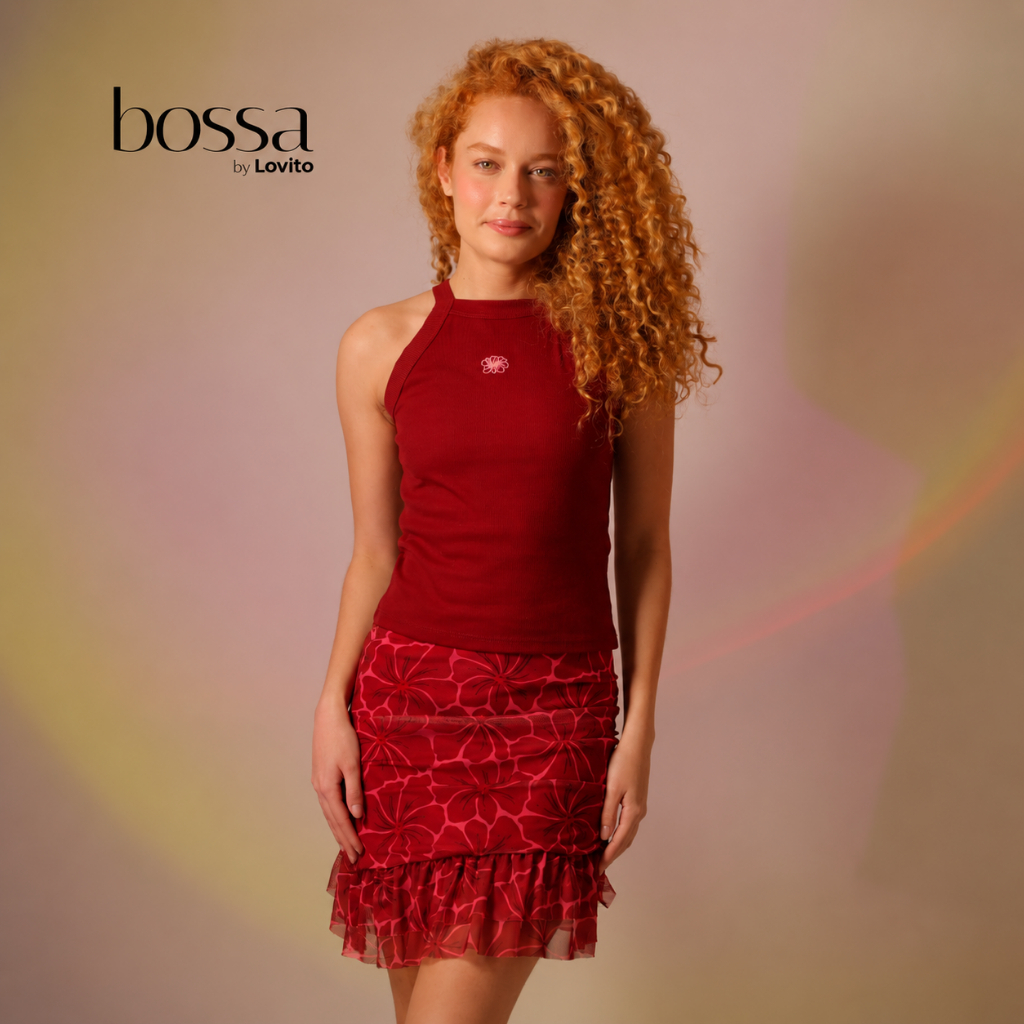 Lovito Bossa l Mini Saia em Tule Estampa Floral Vermelha e Rosa Com Pala e Babados PTB15761606
