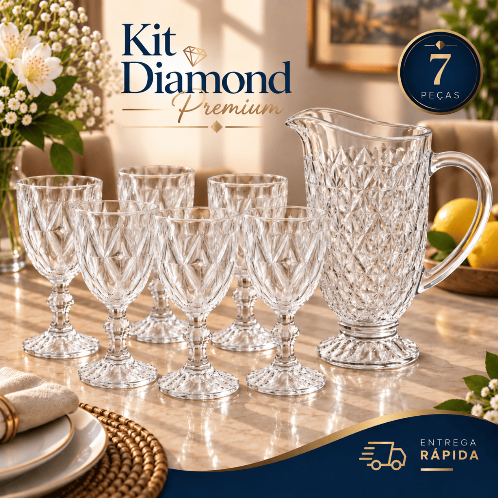 Kit 7 Peças Jarra 1,2L + Taças Diamond 360ml Para Água Suco Bico Jaca Abacaxi Transparente Mesa Posta Jantar Especial