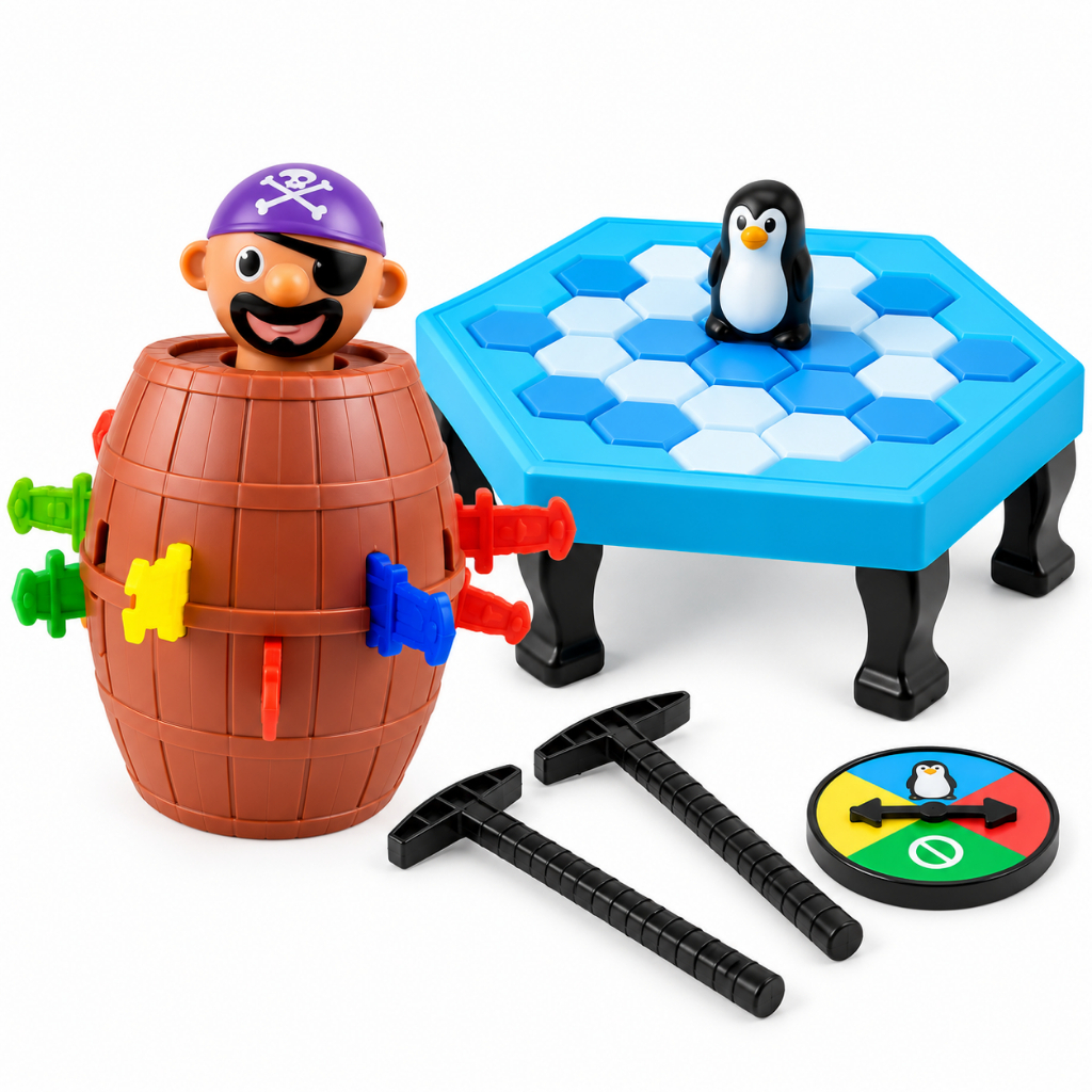 Kit Brinquedos Pula Pirata + Quebra Gelo Pinguim Filhos Jogos Mesa Diversão Interativo Educacional Dia das Crianças