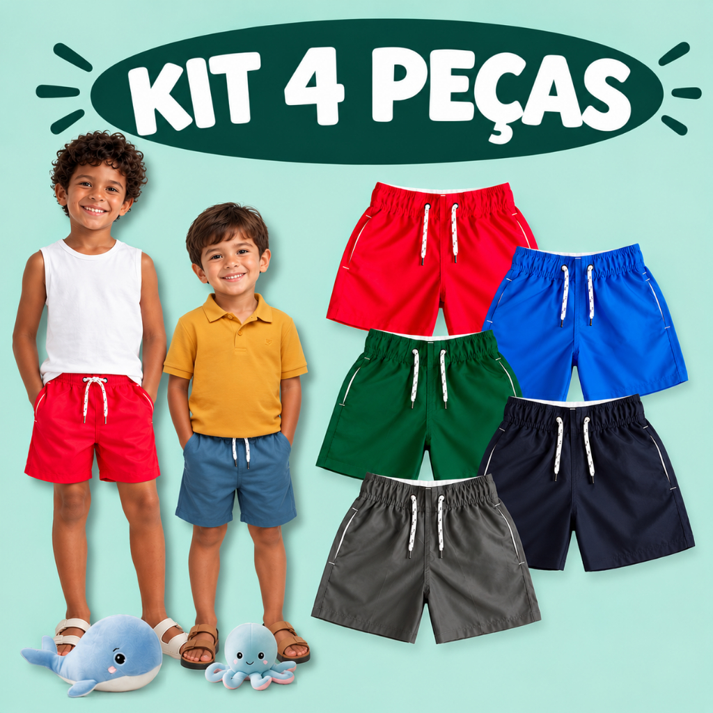 Kit 4 Short Bermuda Infantil Juvenil Tactel Menino Praia Com Bolso Elastano Premium 2 a 16 Anos