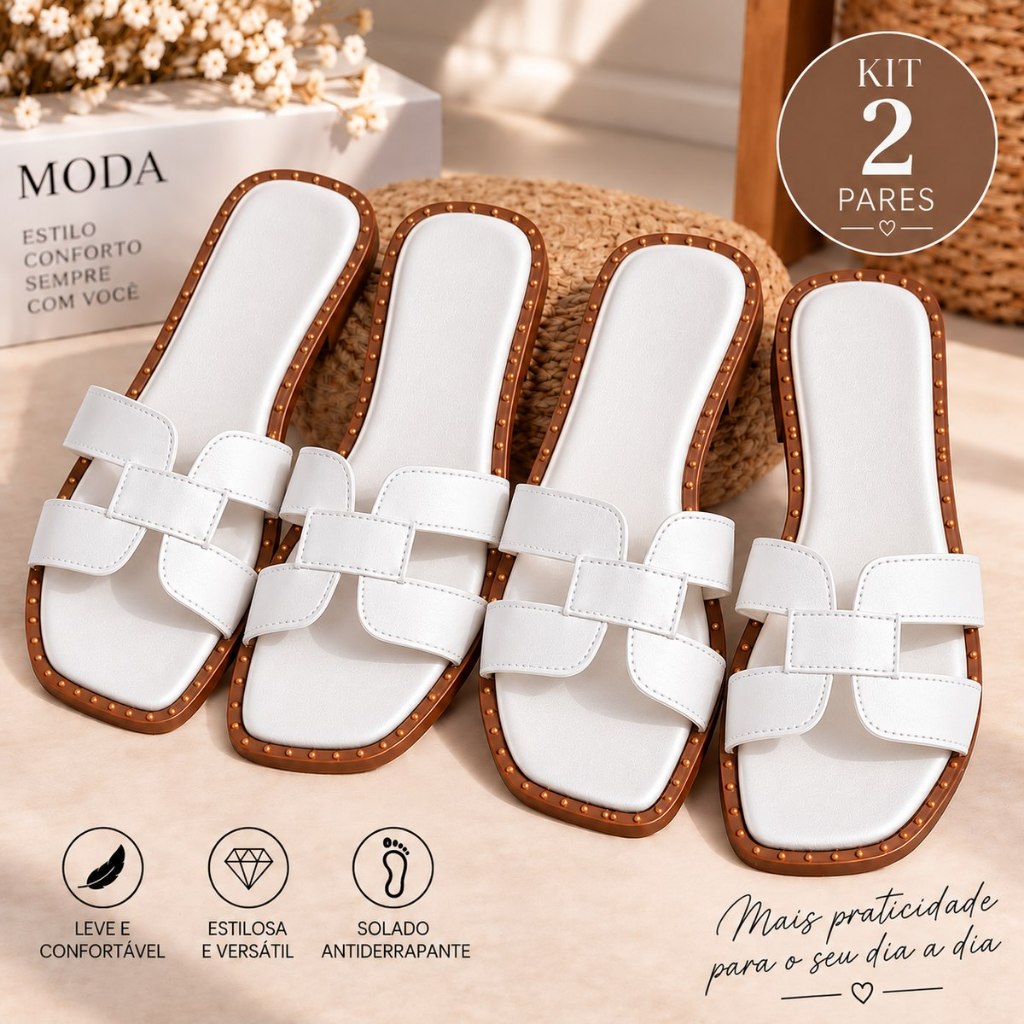 Kit 2 Pares Sandália Rasteira Feminina H Elegante Confortável Bico Quadrado Moda Feminina