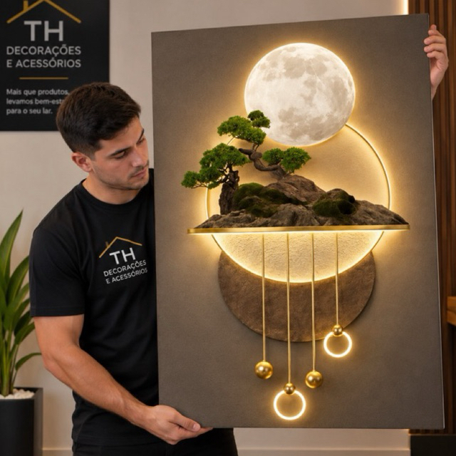 Imagem Quadro Decorativo Árvore da Vida com Lua Dourada Zen Moderno Luxo Árvore Bonsai Moderno Sala Quarto Parede Luxo
