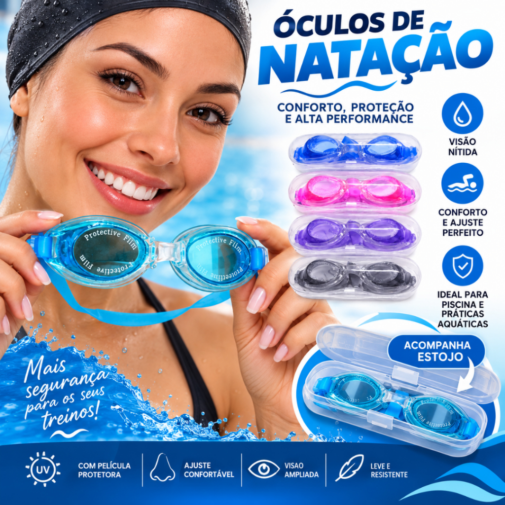 Óculos de Natação Infantil Adulto Ajustável com Estojo Proteção UV