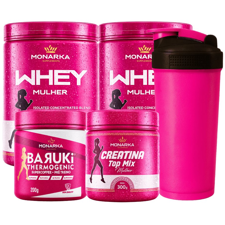 KIT 2 Whey Protein Feminino 22g de Proteína Isolado Concentrado + Creatina + Pré Treino + Garrafinha