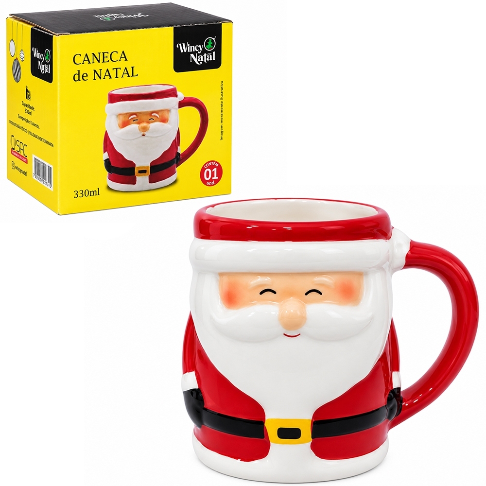 Caneca de Natal Papai Noel 330ml Cerâmica Decoração Natalina Café da Manhã Ceia Festas de Natal