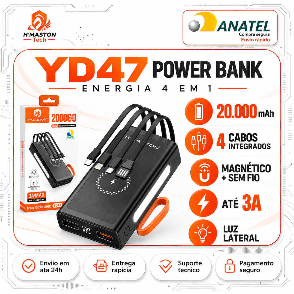 HMaston YD47 Power Bank 20000 Mah 74Wh Turbo Carregador De Celular Portátil Display LED Power Bank Magnético