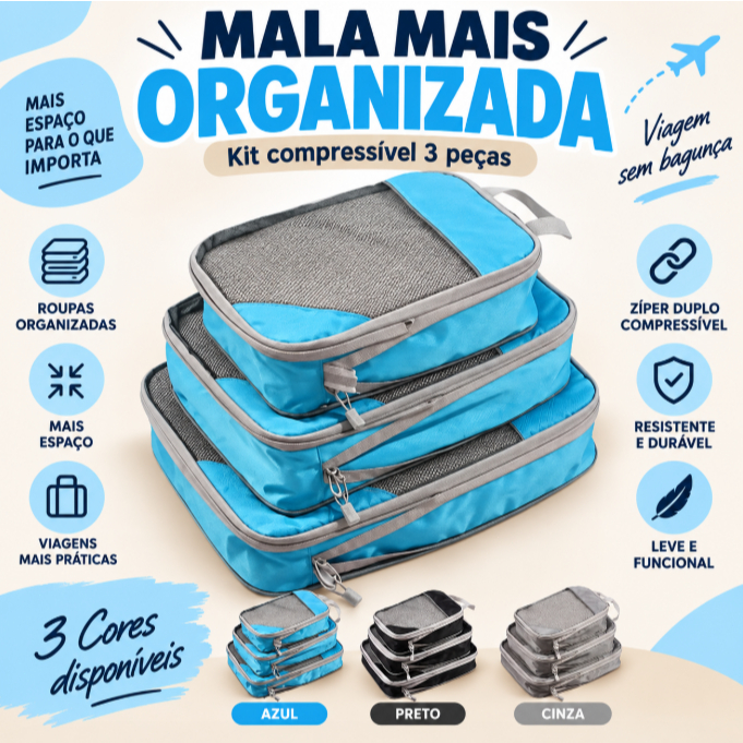 Organizador de Bagagem com Compressão 3 Peças Kit para Mala Roupas Dobrável com Tela Respirável e Zíper