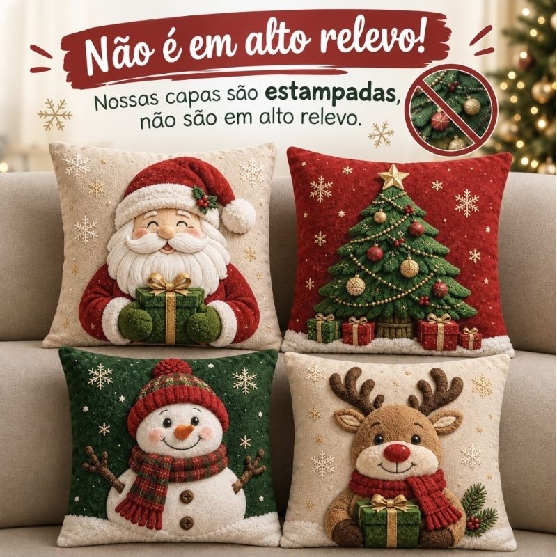 Kit com 4 Capas de Almofada de Natal 45x45 cm –  Natalinas ⚠️NÃO SÃO ALTO RELEVO E SIM ESTAMPADAS⚠️