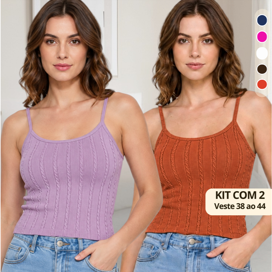 KIT com 2 Regata Anarruga Blusinha Alça Fina com Bojo Texturizada Várias Cores Veste 38 ao 44