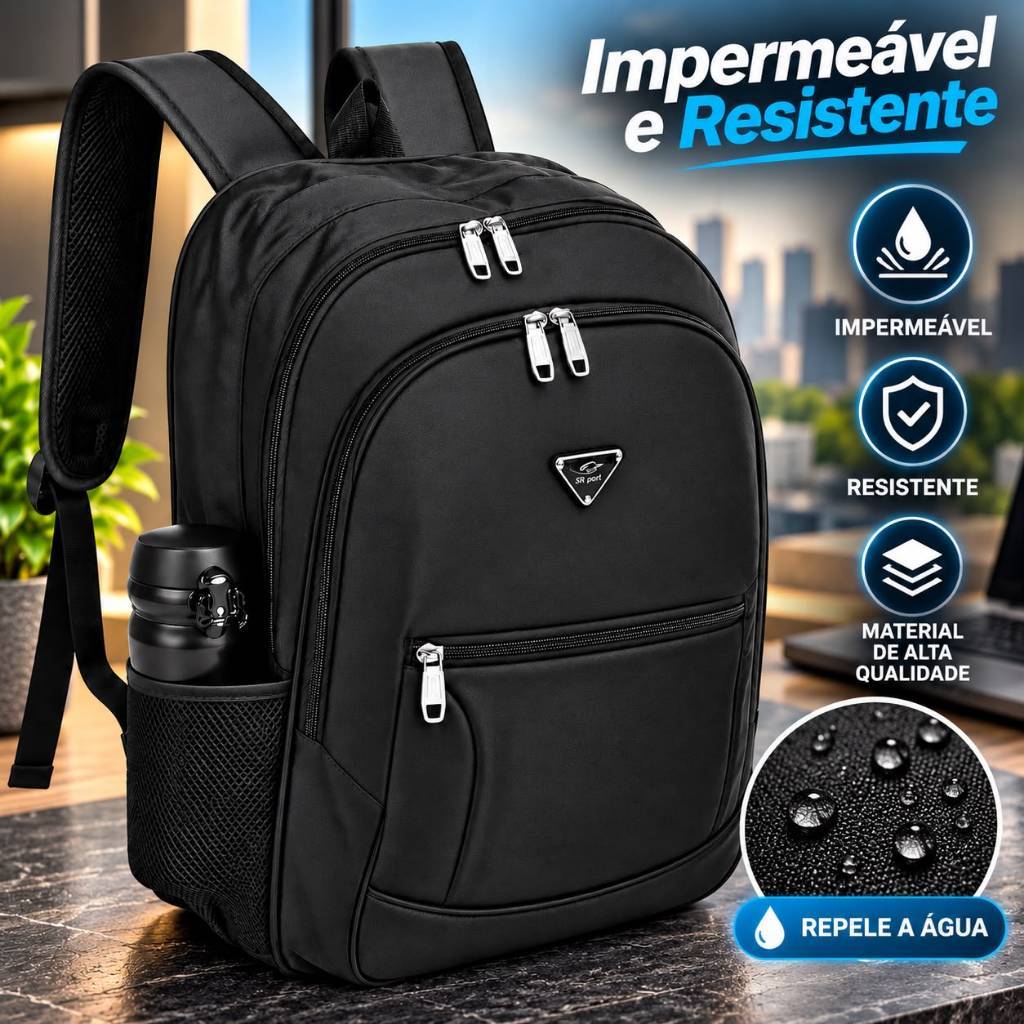 Mochila Executiva Masculina Preta Grande Resistente para Notebook Trabalho e Viagem