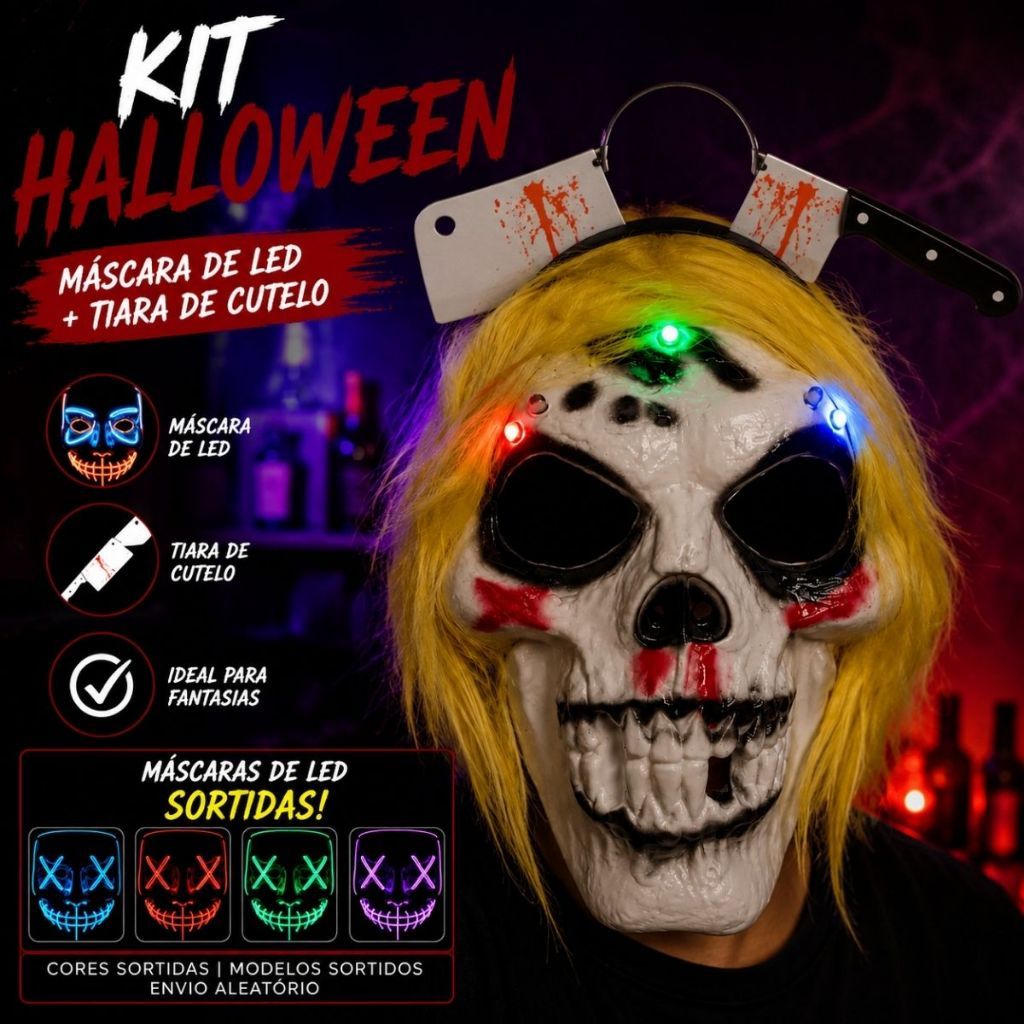 Kit Fantasia Halloween Máscara de LED Cores Sortidas + Tiara de Faca ou Cutelo Acessórios para Cosplay Festa