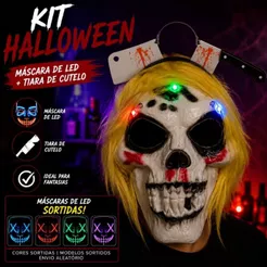 Kit Fantasia Halloween Máscara de LED Cores Sortidas + Tiara de Faca ou Cutelo Acessórios para Cosplay Festa