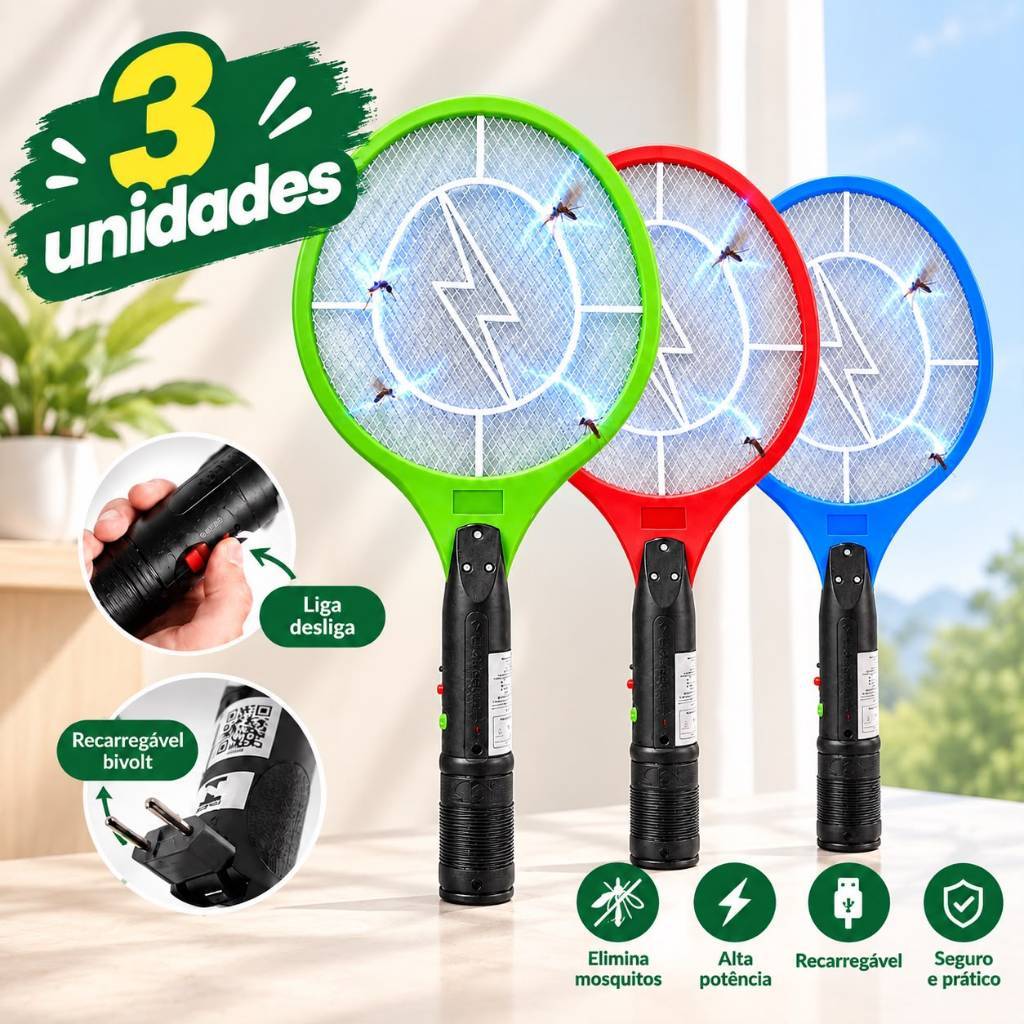 Raquete Elétrica Mata Mosquitos Bivolt 110 e 220 Recarregável Alta Potência Colorida