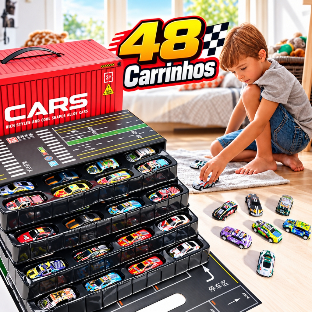Kit 48 Carrinhos Container Brinquedo Em Miniatura Modelos Sortidos Pista e Estacionamento