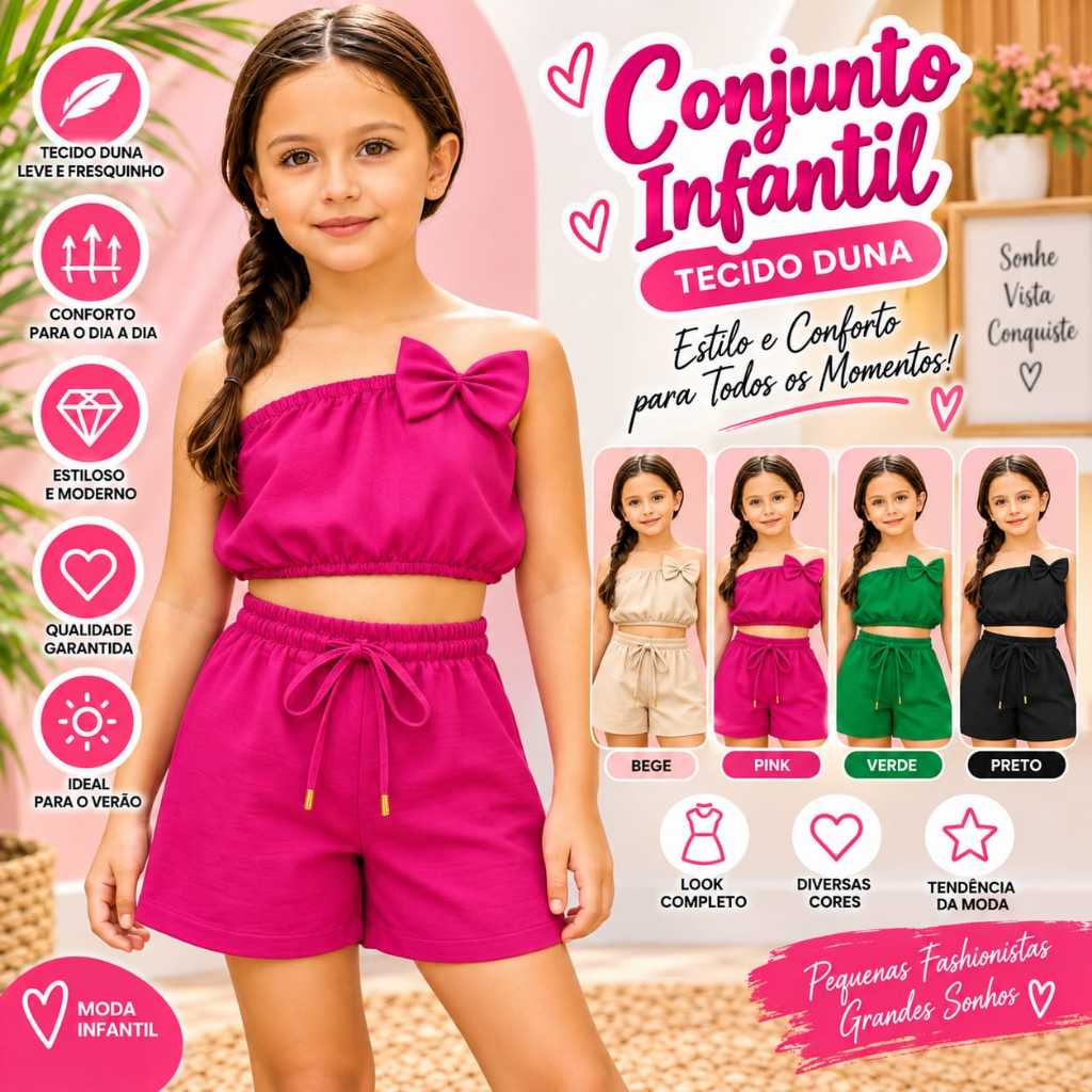 Conjunto Infantil duna Menina Estilosa Verão Fresquinho e Confortável