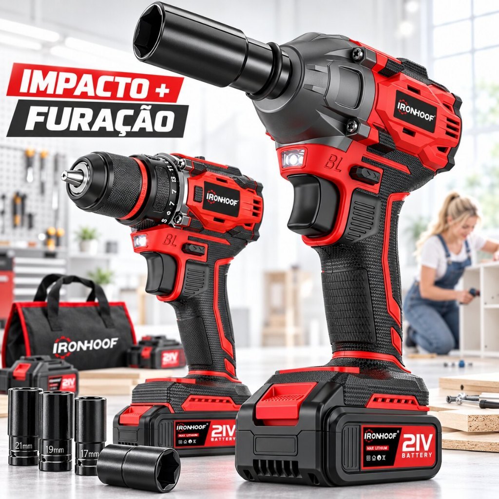 Kit 2 Furadeira Parafusadeira e Chave de Impacto a Bateria Brushless