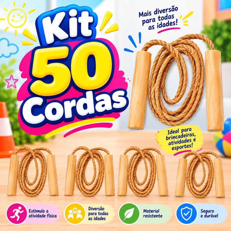 Kit 50-10 Corda Pular Brinquedo Infantil Prenda 1,60m Exercício Crianças Lembrancinha Festa Junina