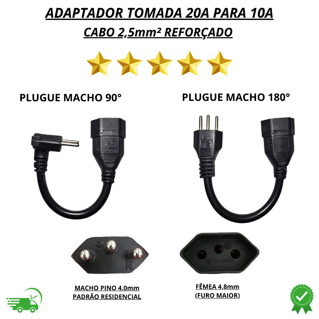 ADAPTADOR TOMADA 20A PARA 10A - CARREGADOR CARRO ELÉTRICO E ELETRODOMÉSTICOS - 3X2,5MM CABO REFORÇADO