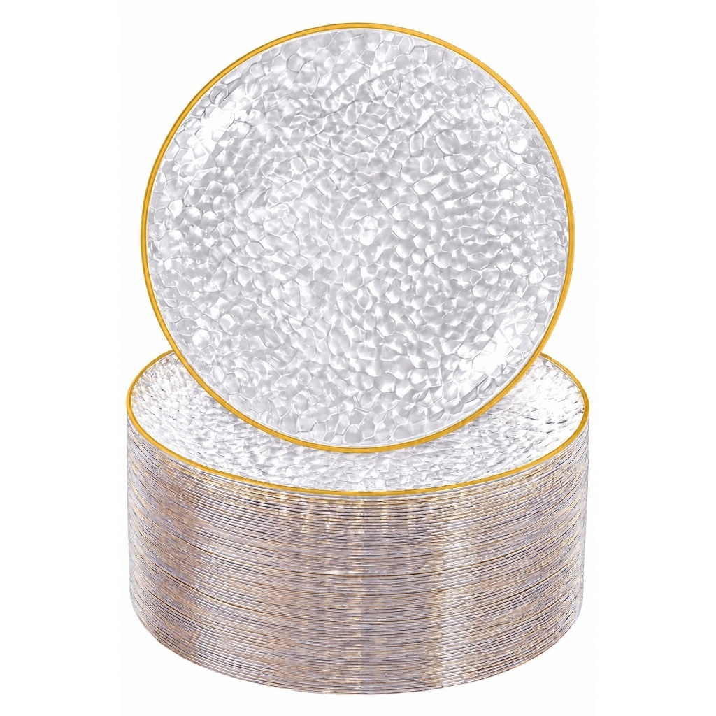 Kit 25/50/75 pratos de sobremesa descartáveis transparentes com borda dourada para festa e casamento