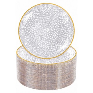 Kit 25/50/75 pratos de sobremesa descartáveis transparentes com borda dourada para festa e casamento