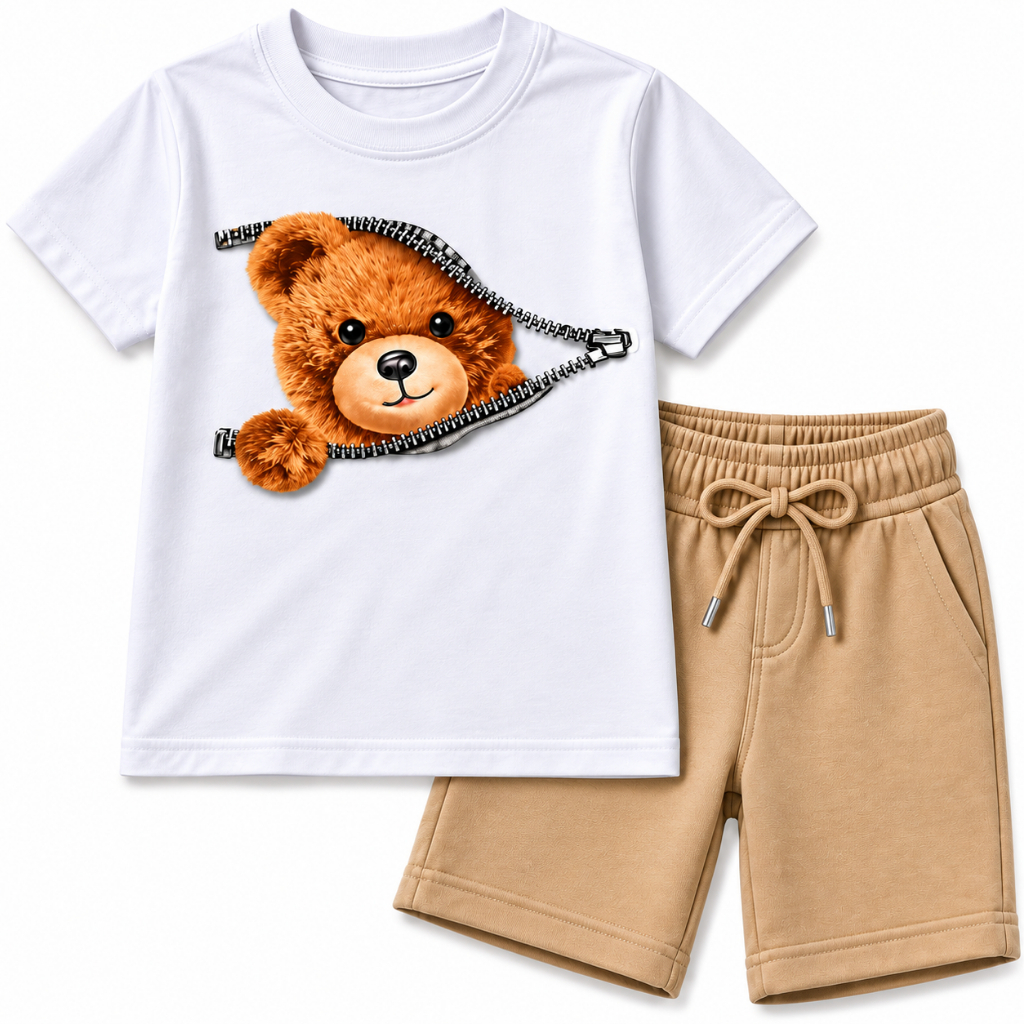 Conjunto Infantil Masculino Camiseta Estampa Ursinho + Bermuda Roupa de Menino 100% Algodão Casual