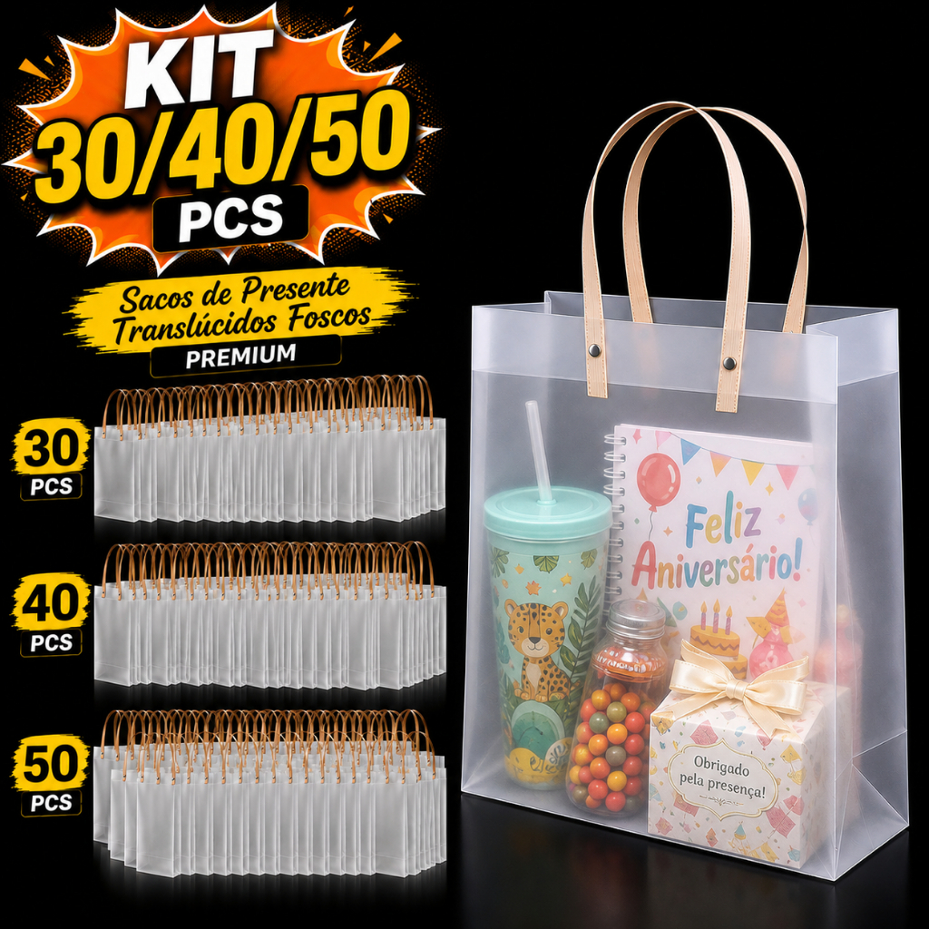 30/40/50 Sacolas de Presente em PP Fosco com Alças Reforçadas Reutilizáveis para Festas, Casamentos e Lembrancinhas