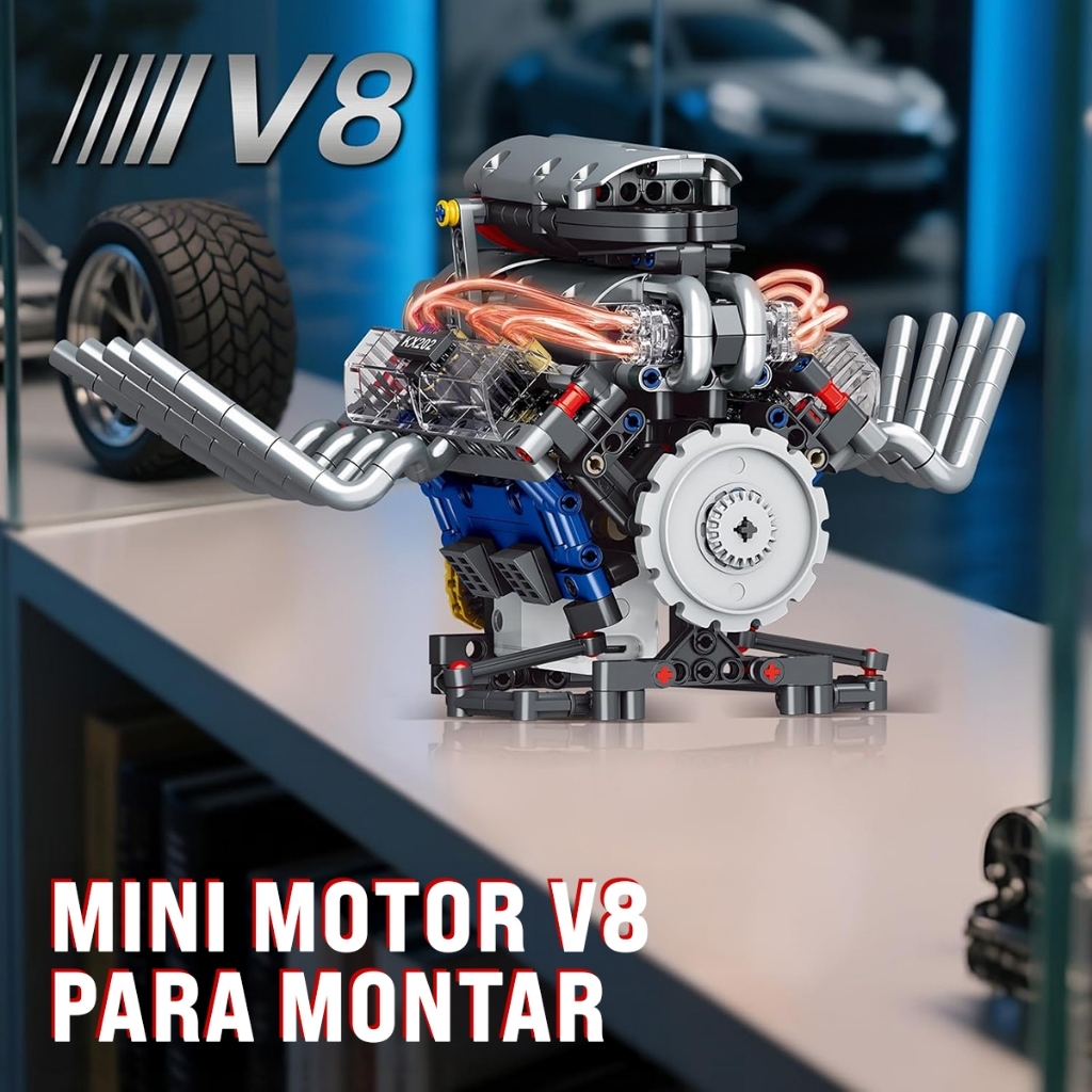 Brastoy Modelo de montar do motor V8 com 665 peças, com efeitos de iluminação LED integrados