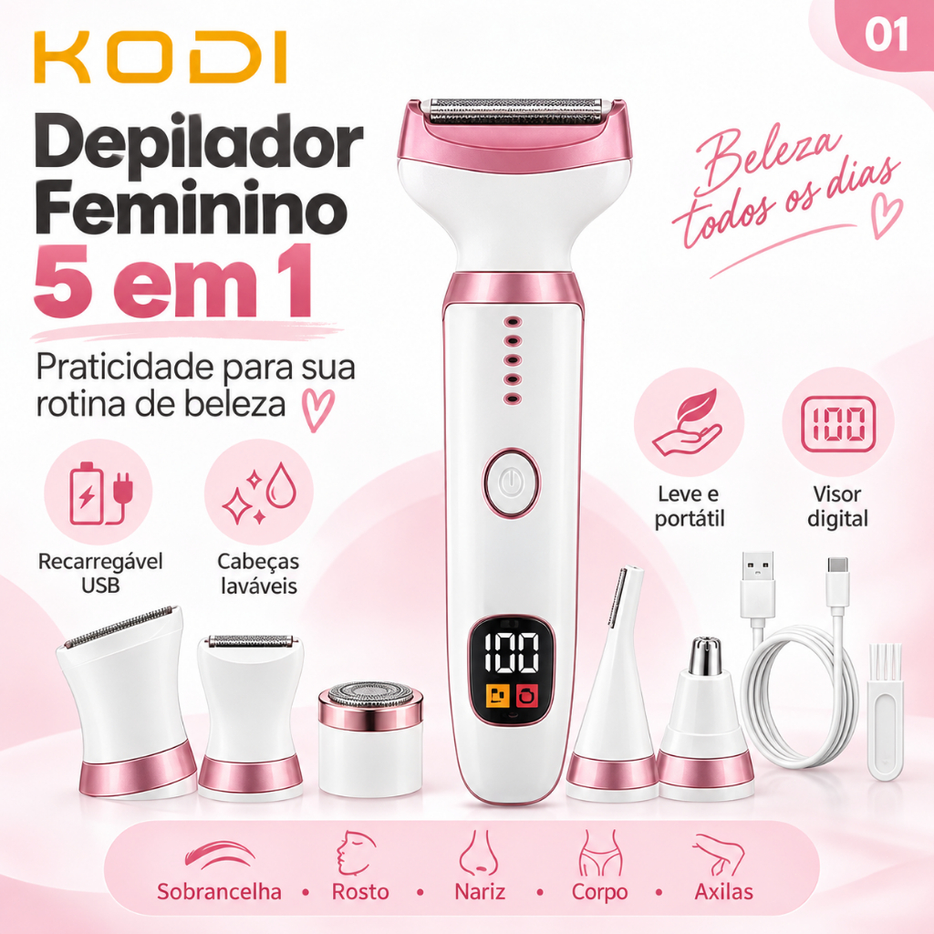 Depilador Feminino Elétrico 5 em 1 Corpo Rosto Aparador Pelos Sobrancelha Nariz Axila USB Portátil