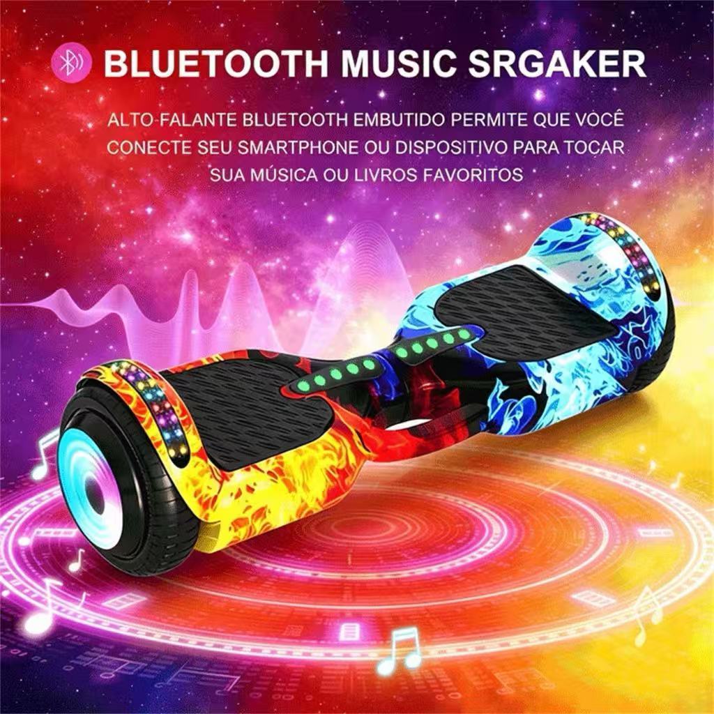 Hoverboard elétrico 6,5 polegadas com LED, Bluetooth e bateria recarregável