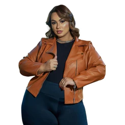 Jaqueta Feminina Plus Size Couro Sintético Estilo Biker Jackie com Ziper Cor Prata
