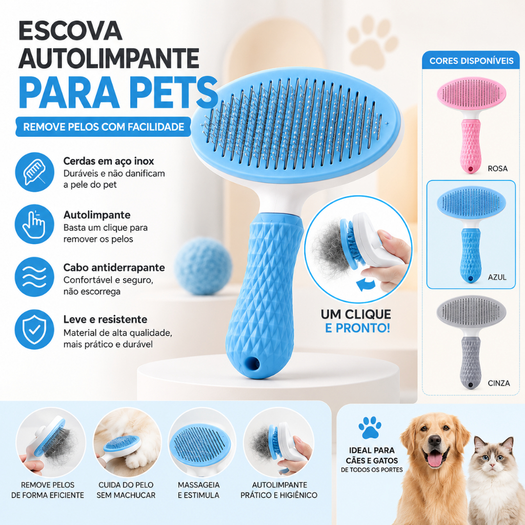 Escova Autolimpante para Pets – Removedor de Pelos para Cães e Gatos com Botão de Limpeza