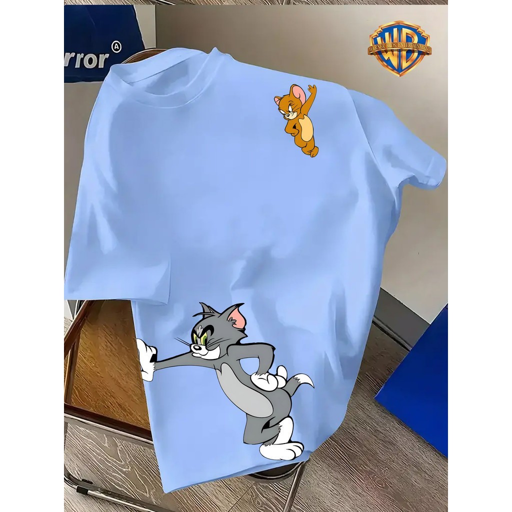Camiseta Tom e Jerry Unissex Manga Curta Algodão Estampada Casual Gola Redonda